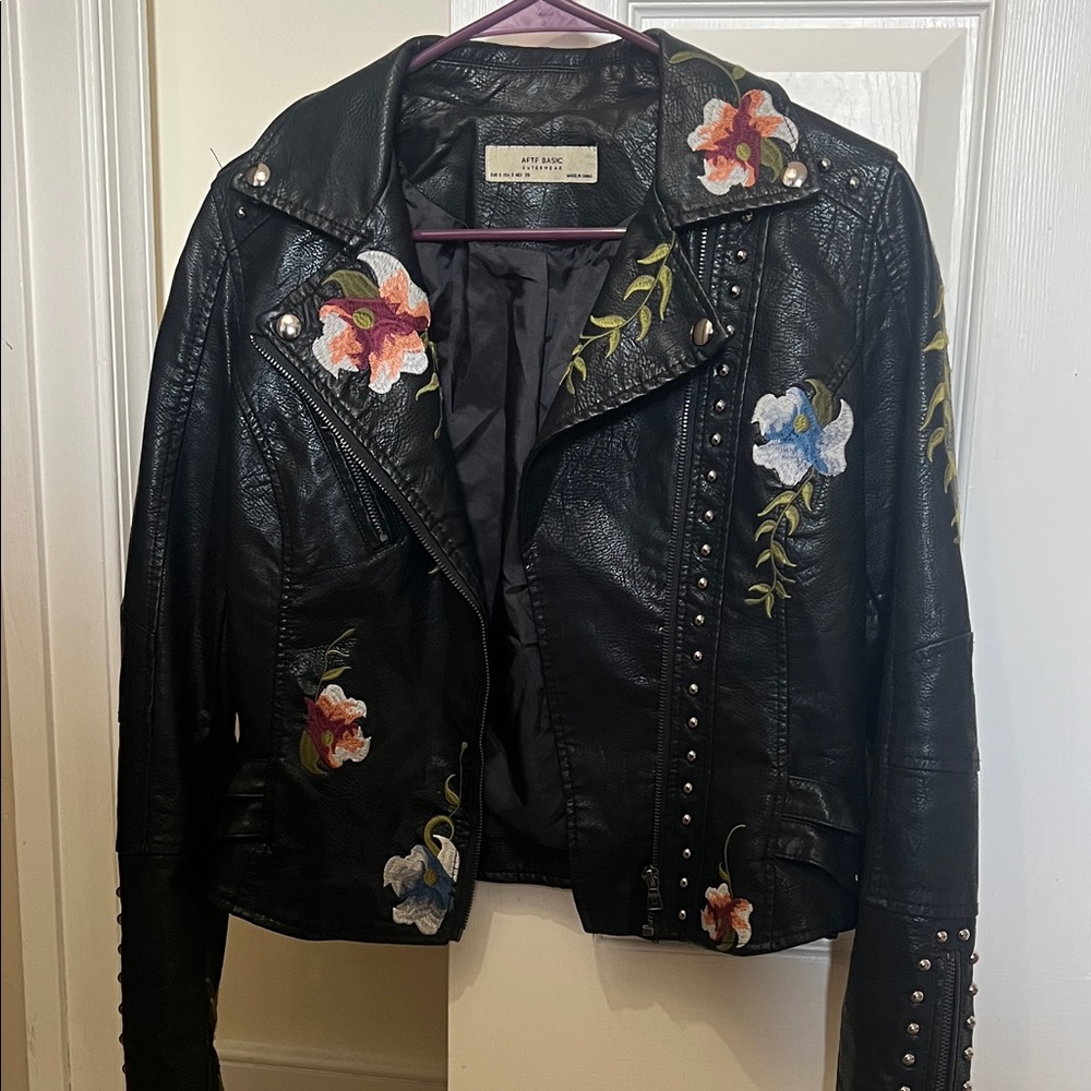 Black Leather Jacket with Floral Embroidery